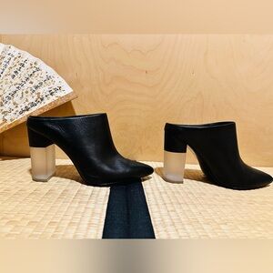 Pour La Victoire Black Leather Lucite-Heel Mules — Size 8